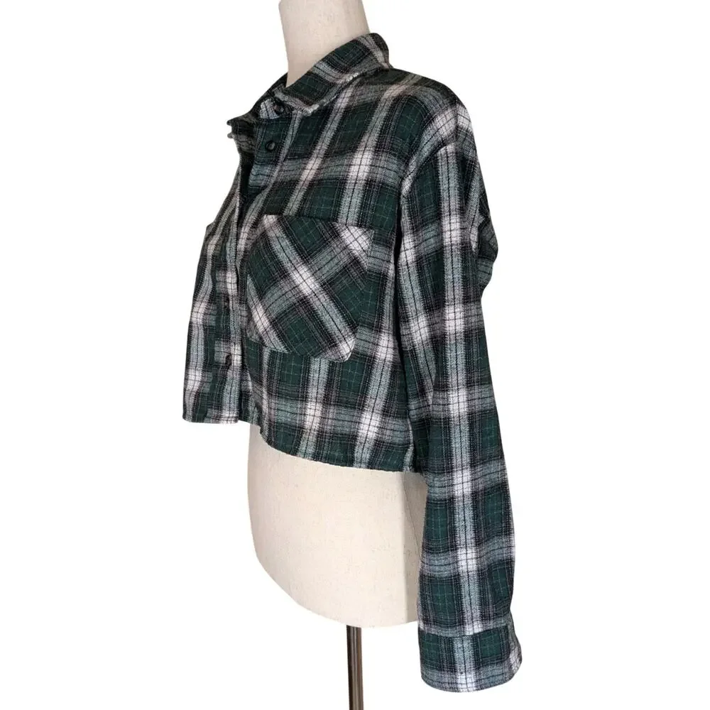 Hyfve Womens Button Up Long Sleeve Jacket Cropped Size Small Flannel Plaid Green